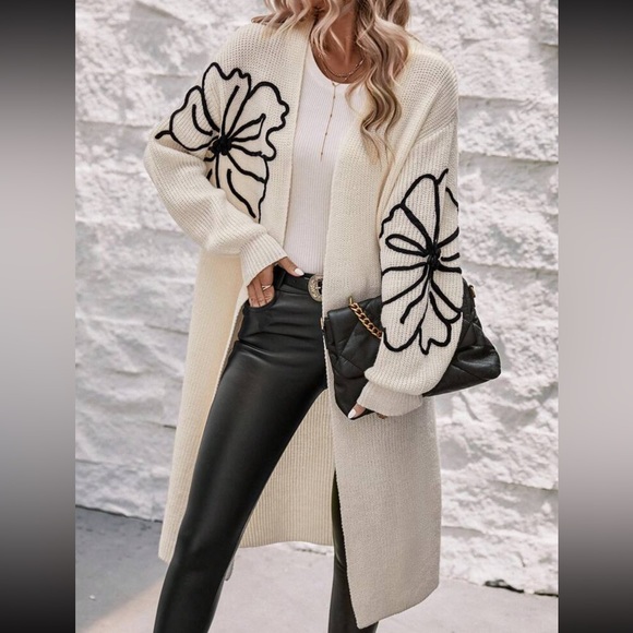 Sweaters - Elegant Cream Open-Front Knit Drop Shoulder Sweater with Black Floral Design
